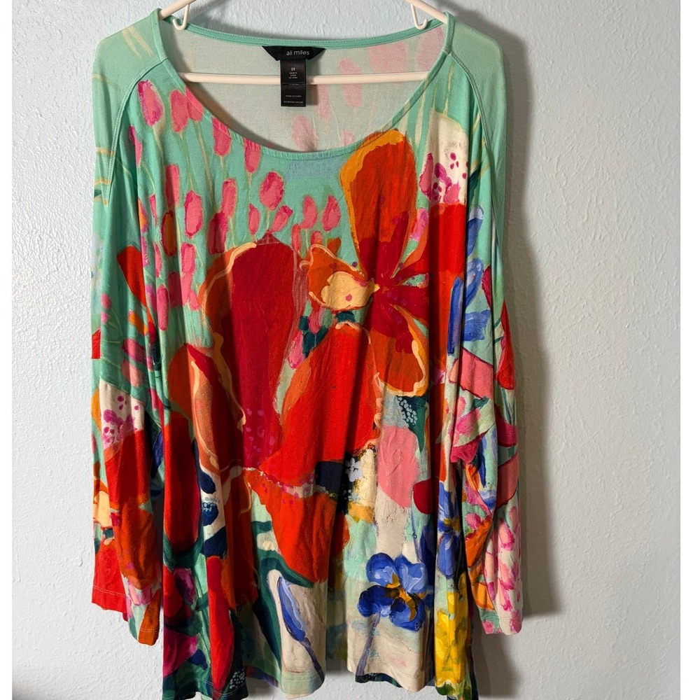 Ali Miles Tunic Top Womens 3X Green Watercolor Floral Dolman Sleeve Art To Wear